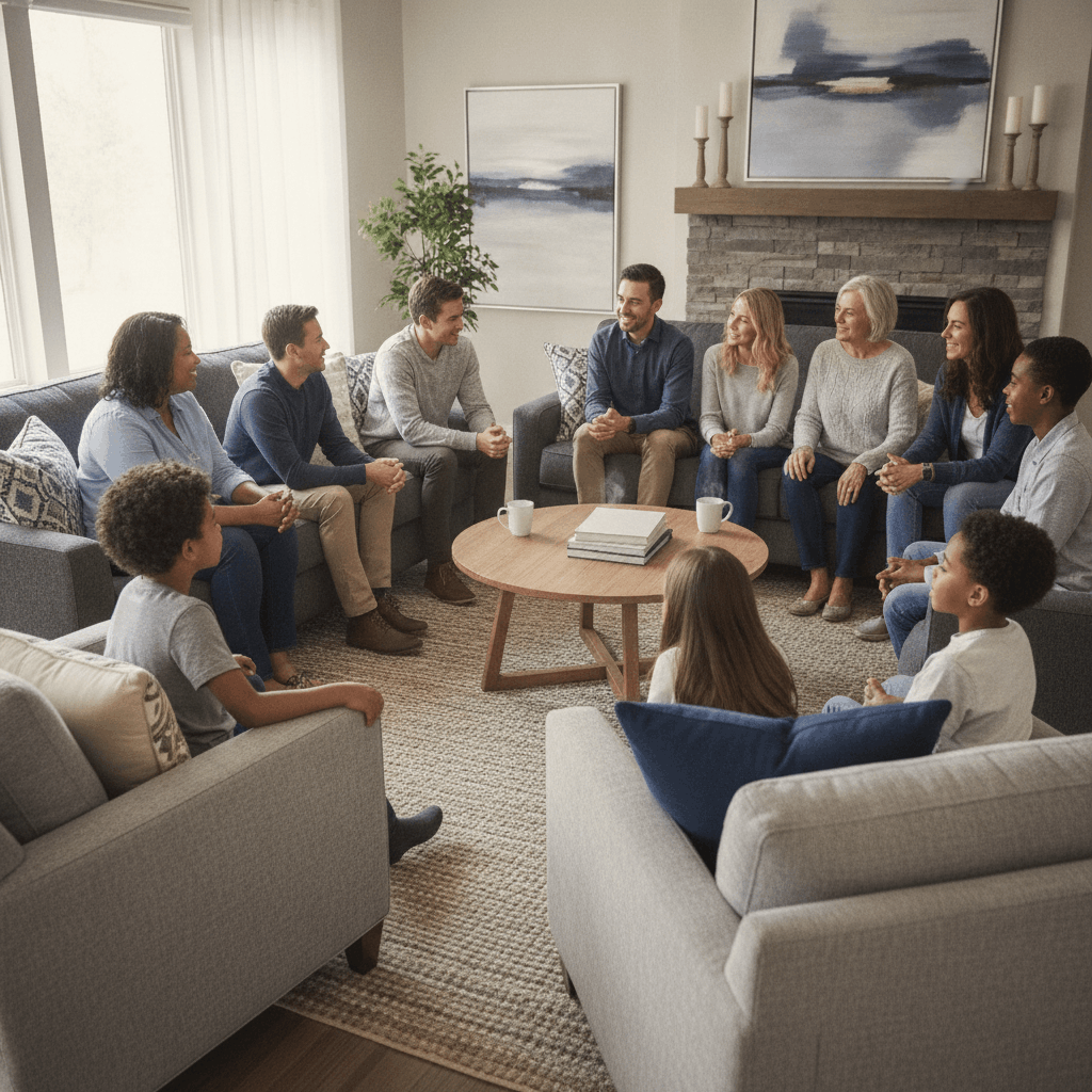A warm, high-end lifestyle photo of a large multigenerational family gathered in a clean, modern living room. The family members are seated comfortably in a circle, engaged in a meaningful conversation with relaxed smiles and open body language. Soft natural daylight fills the room, creating a calm and welcoming atmosphere. The space features a cohesive brand-inspired palette of muted grey, deep blue, warm neutrals, and soft grey tones, reinforcing a sense of trust, connection, and healing.