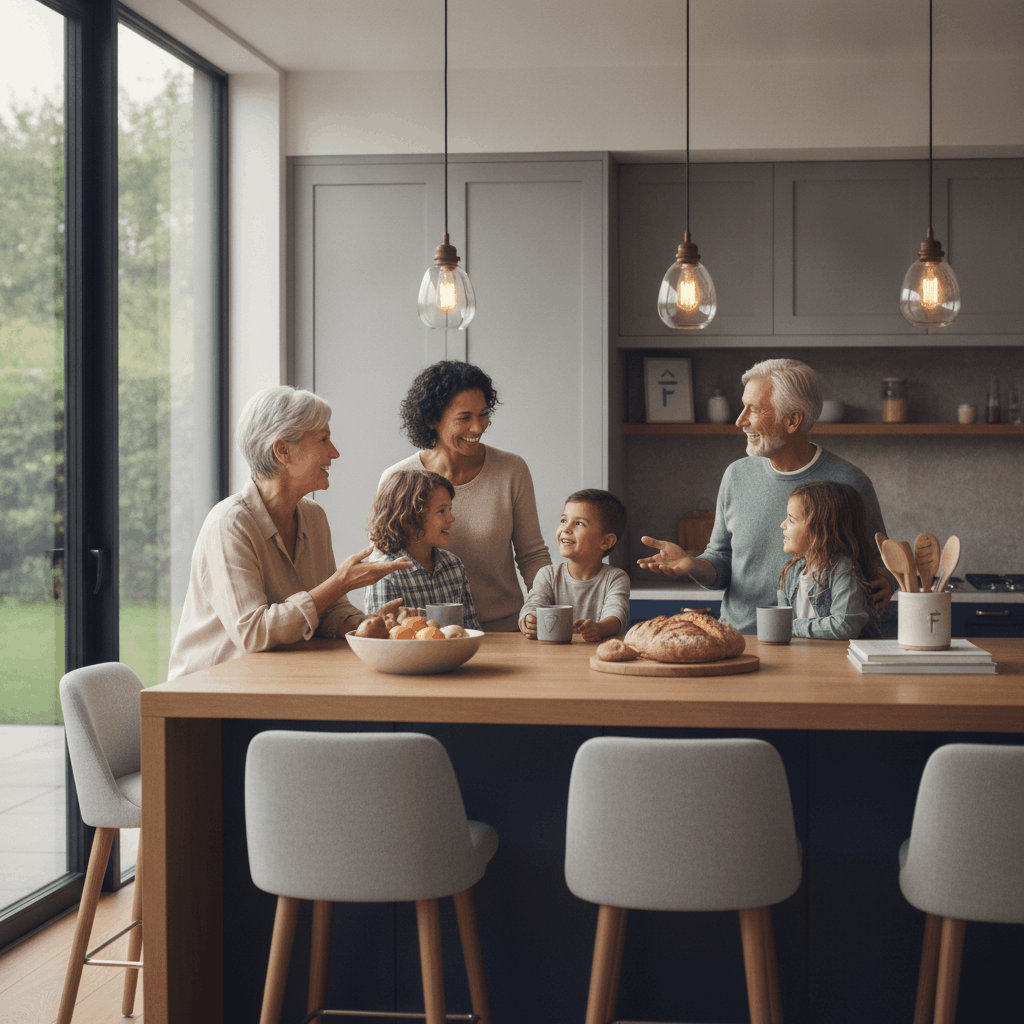 A bright, high-end lifestyle photo of a diverse multigenerational family gathered around a modern kitchen island, sharing conversation in a relaxed and supportive setting. Soft natural daylight streams through large windows, highlighting the clean contemporary kitchen design. The scene incorporates cohesive branding colors, including muted grey, deep blue, warm neutrals, and soft grey accents. The overall feeling is warm, inclusive, and hopeful, emphasizing family connection, shared support, and togetherness.